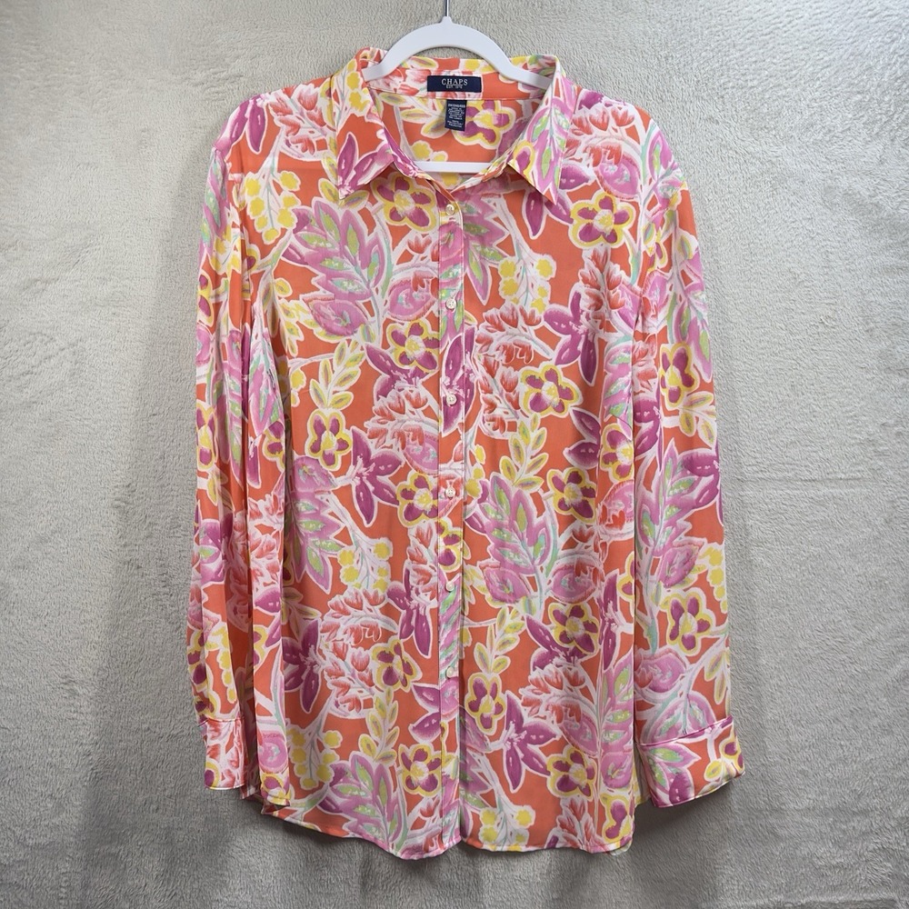 Chaps Floral Chiffon‎ Blouse Top Plus Size 2X Semi Sheer Colorful Resortwear